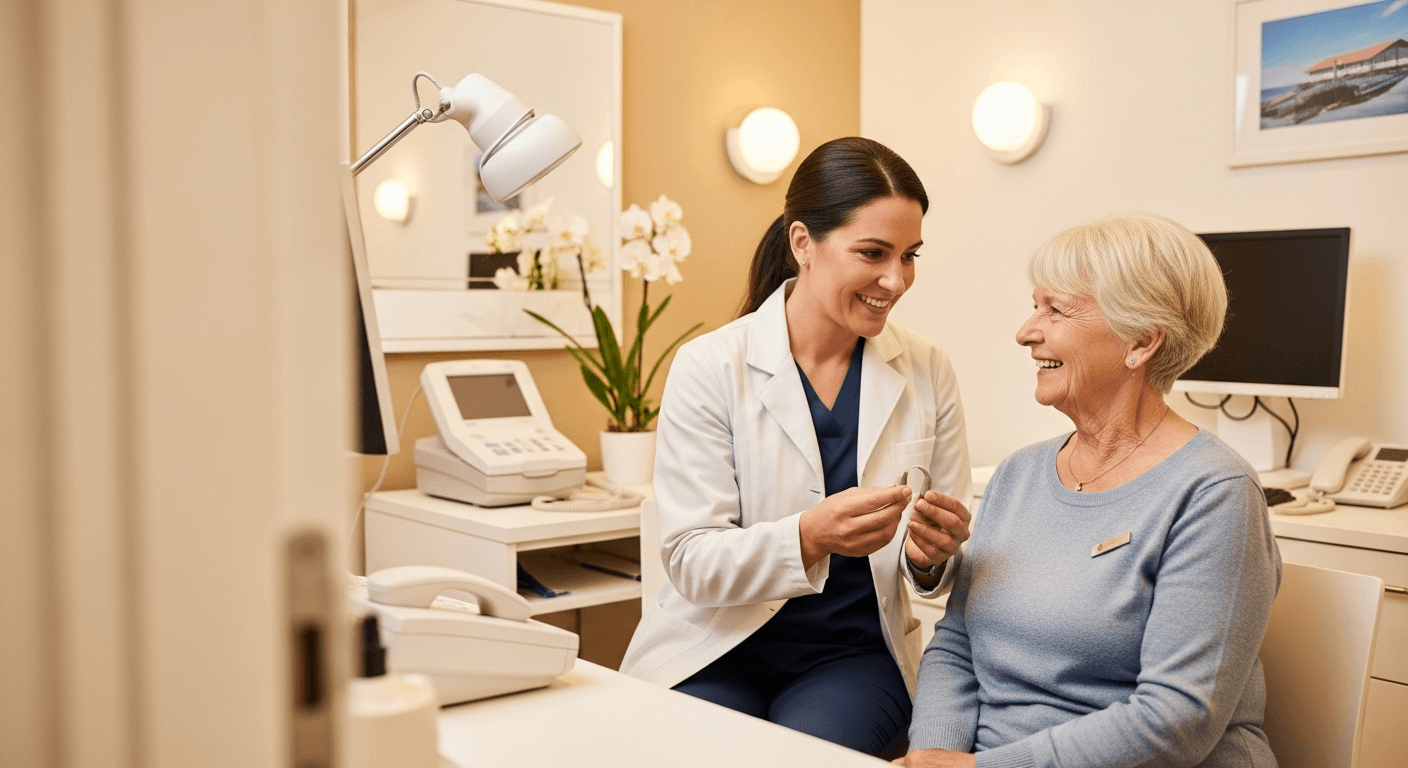 Audiologist consulting with elderly patient in clinic