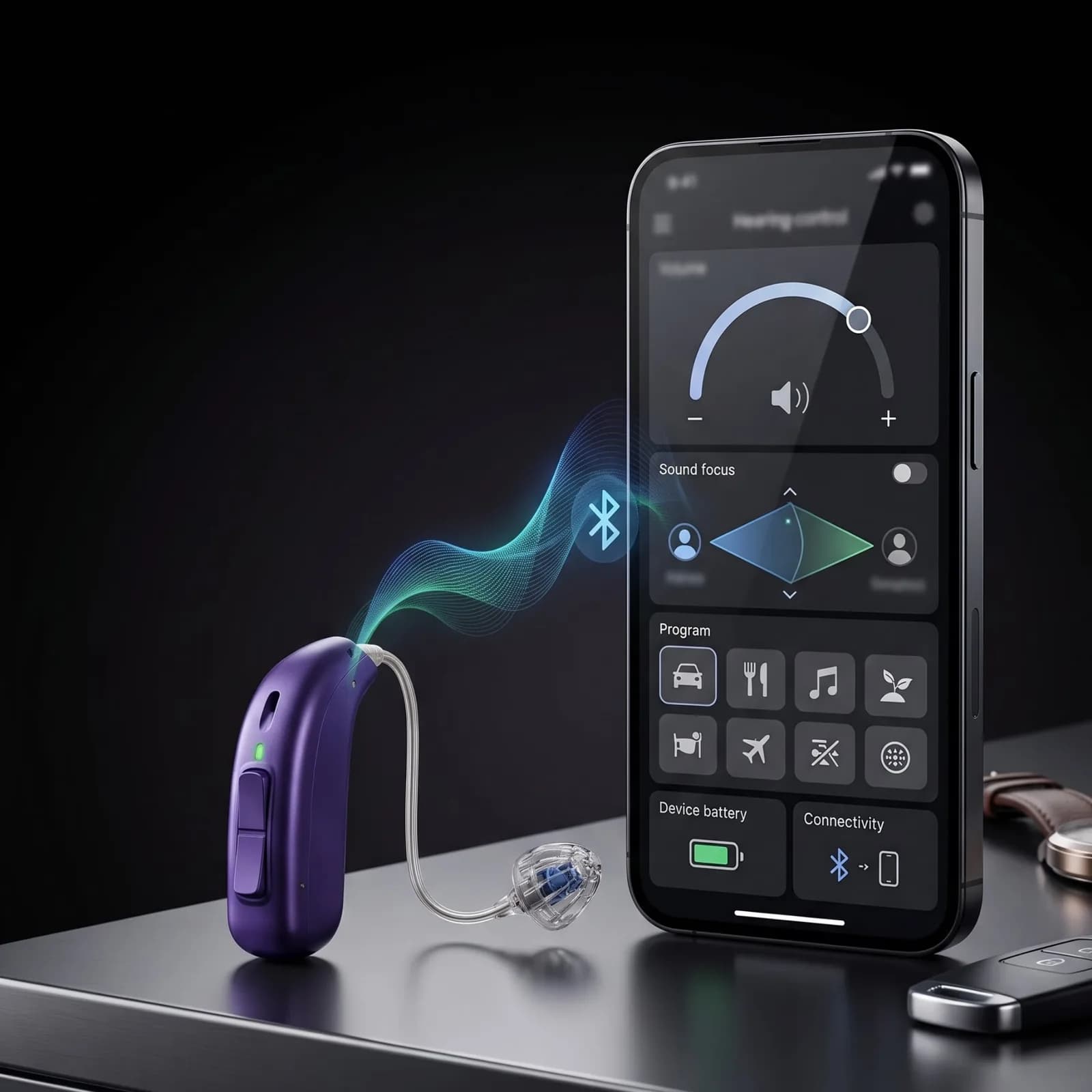 Hearing aid beside a smartphone app showing volume, sound focus, listening programs, battery and Bluetooth connectivity controls