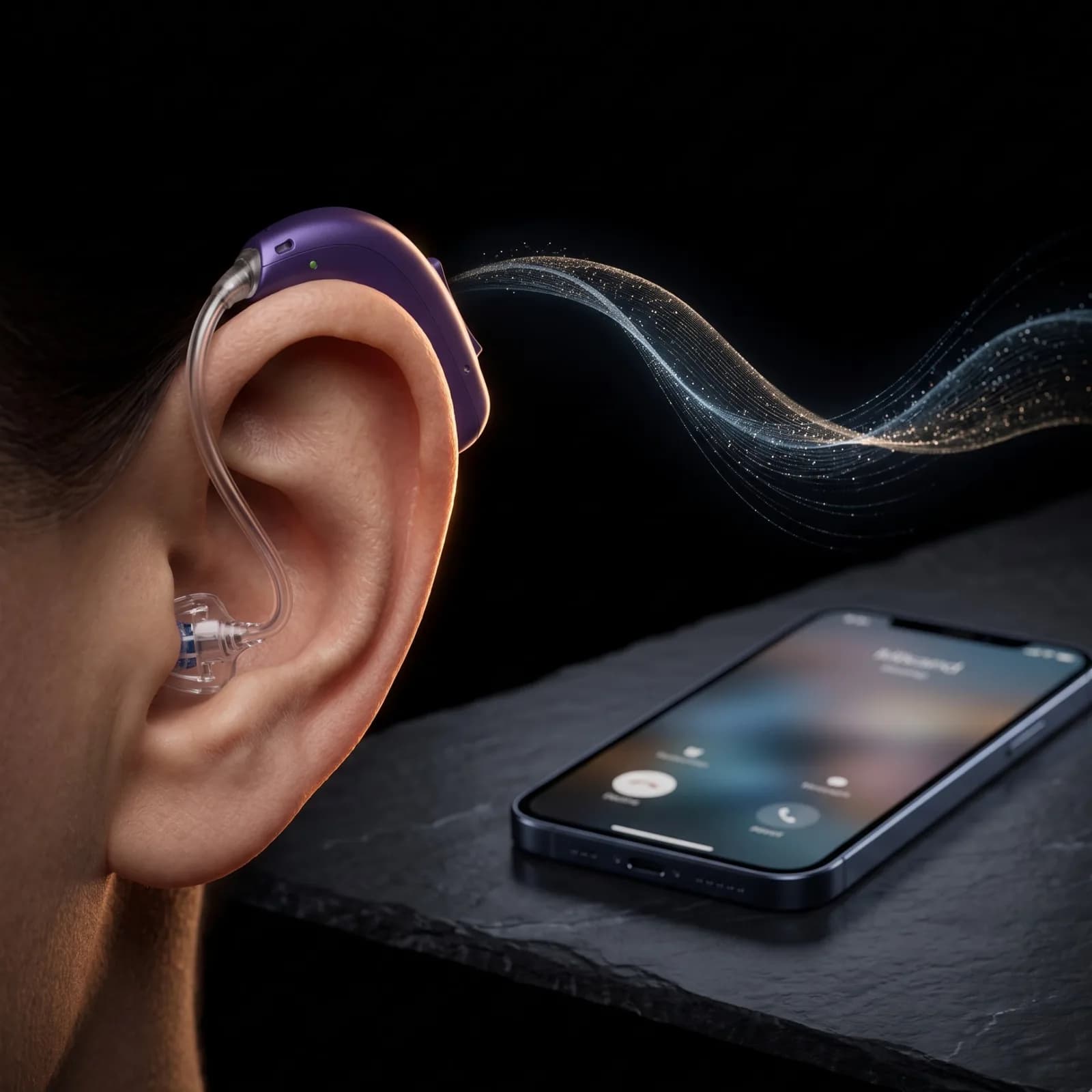 A hearing aid worn discreetly behind an ear while an incoming call rings on a smartphone lying on the table