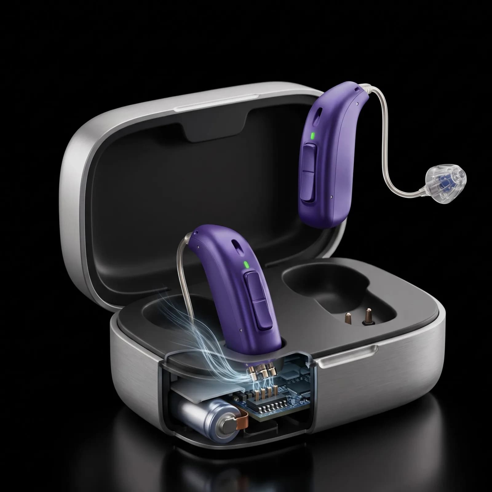 Two rechargeable hearing aids resting in an open charging case