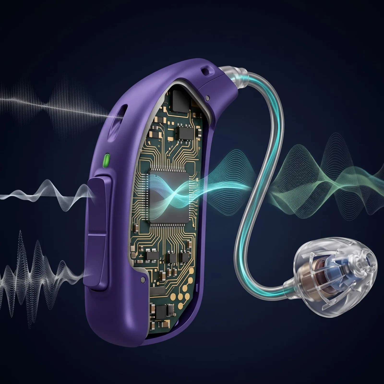 Cutaway of a hearing aid revealing its processing chip with sound waves flowing through it