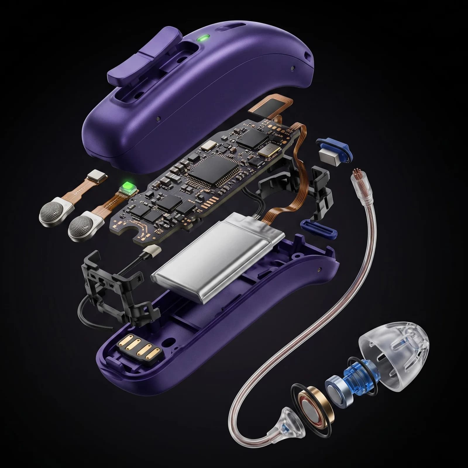 Exploded view of a hearing aid showing microphones, processor board, battery, receiver and earpiece as separate precision components